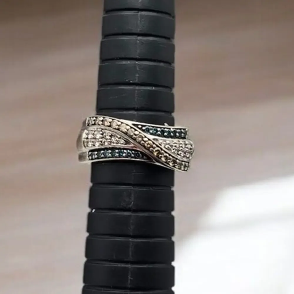 Blue, Champagne and White Diamond 10k White Crossover Gold Ring Approx Size 7.25